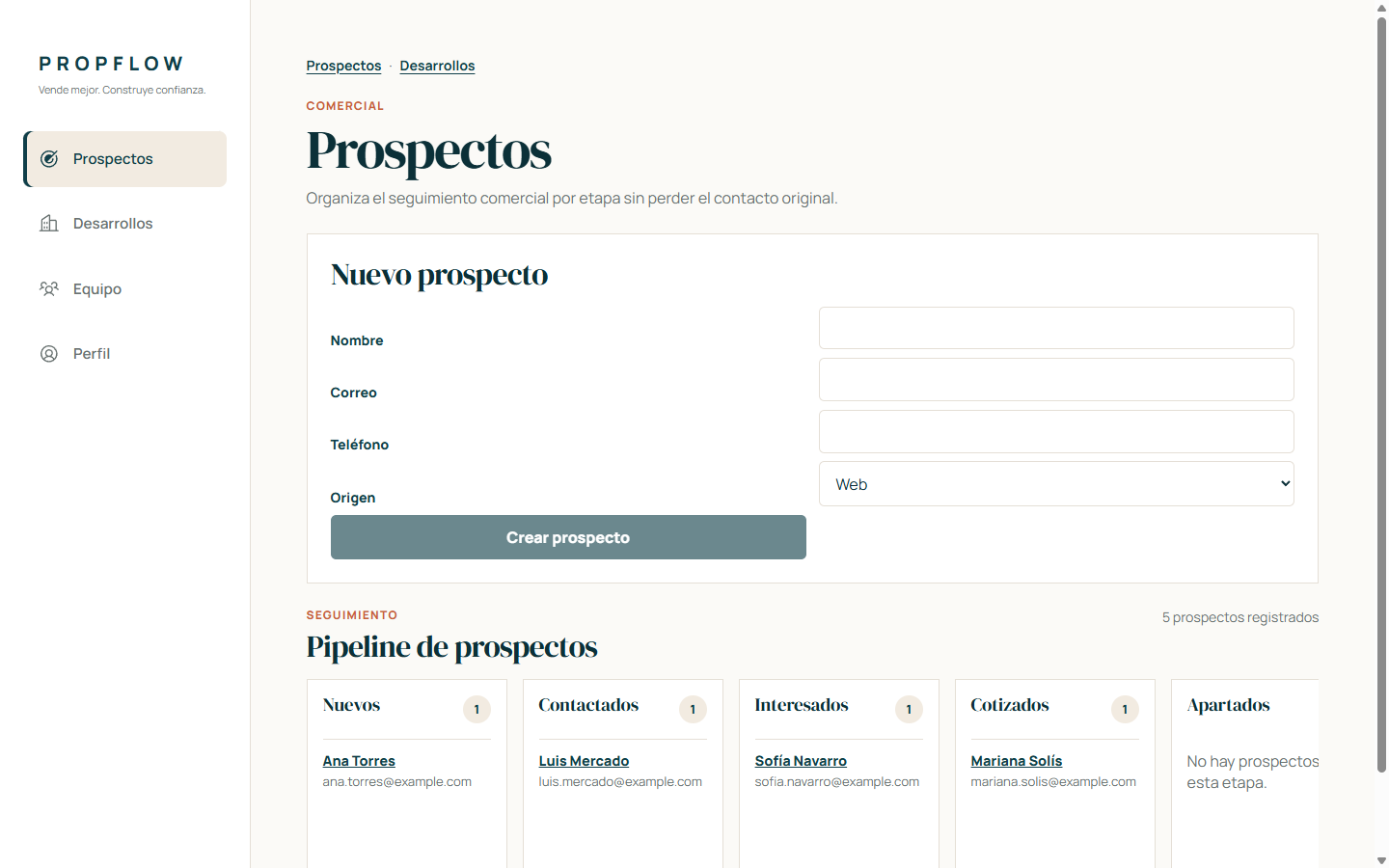 Pipeline comercial de Propflow con prospectos organizados por etapa