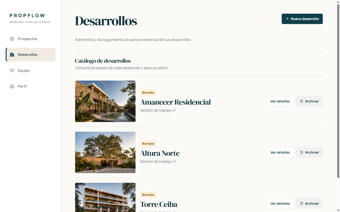 Catálogo de desarrollos de Propflow con tres proyectos inmobiliarios